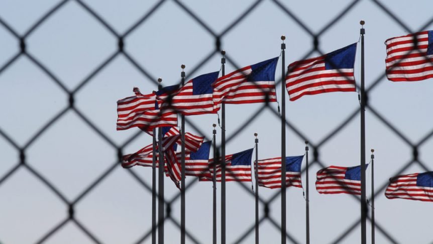 Many flags of USA is waving