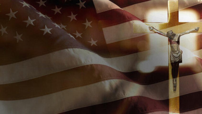 Jesus Christ with national flag of USA
