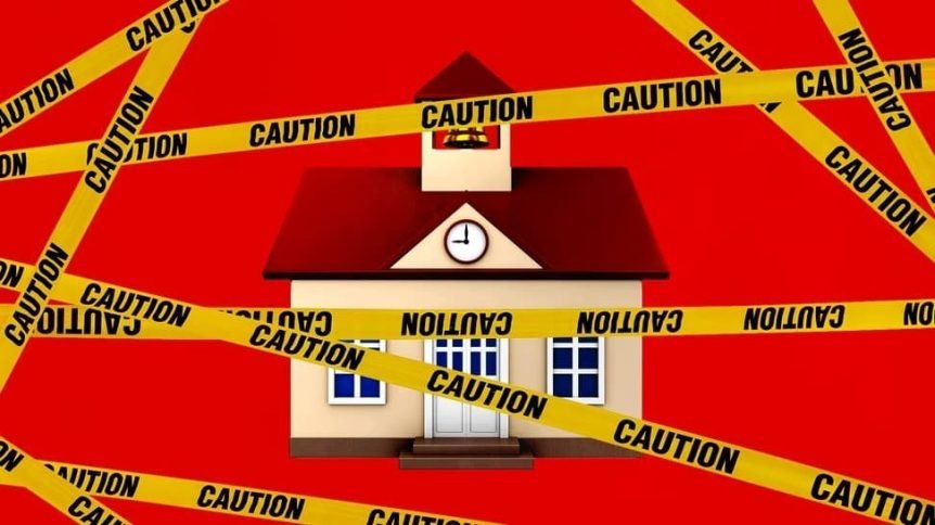 Caution tape across the school