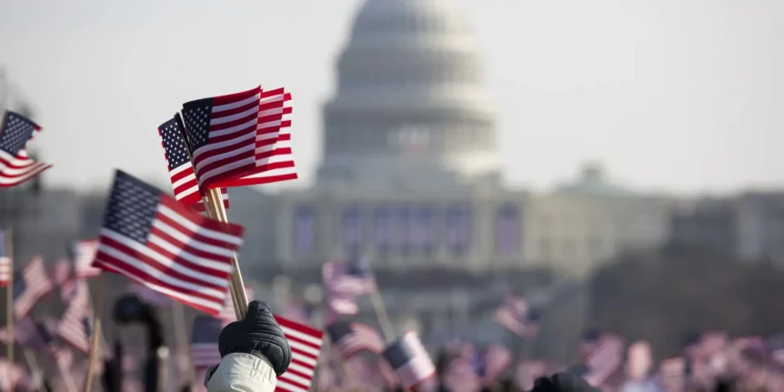 USA's national flag are waving in a rally