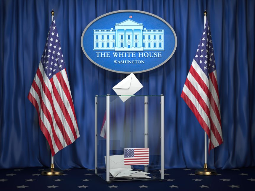 US presidential election concept A ballot box with USA flags and